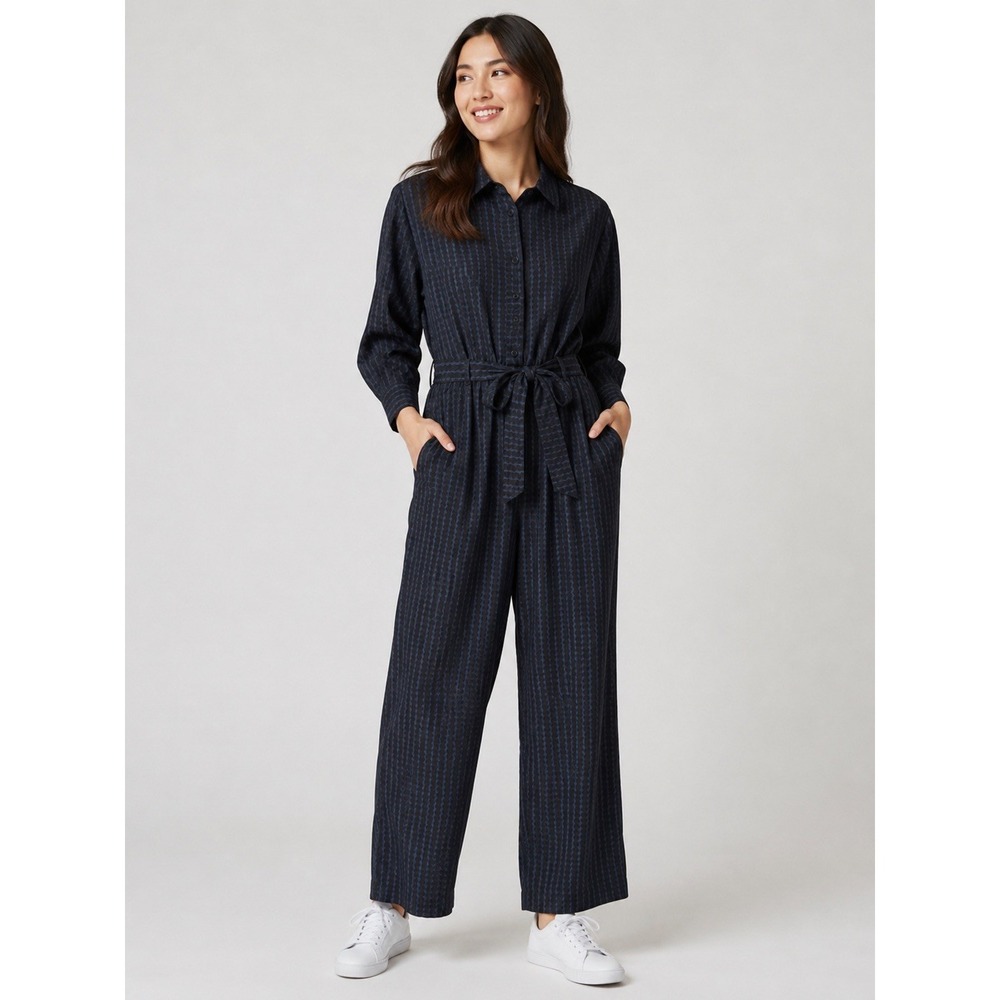 Uniqlo Marimekko Navy Blue Patterned Long Sleeve Rayon Jumpsuit XL 426542